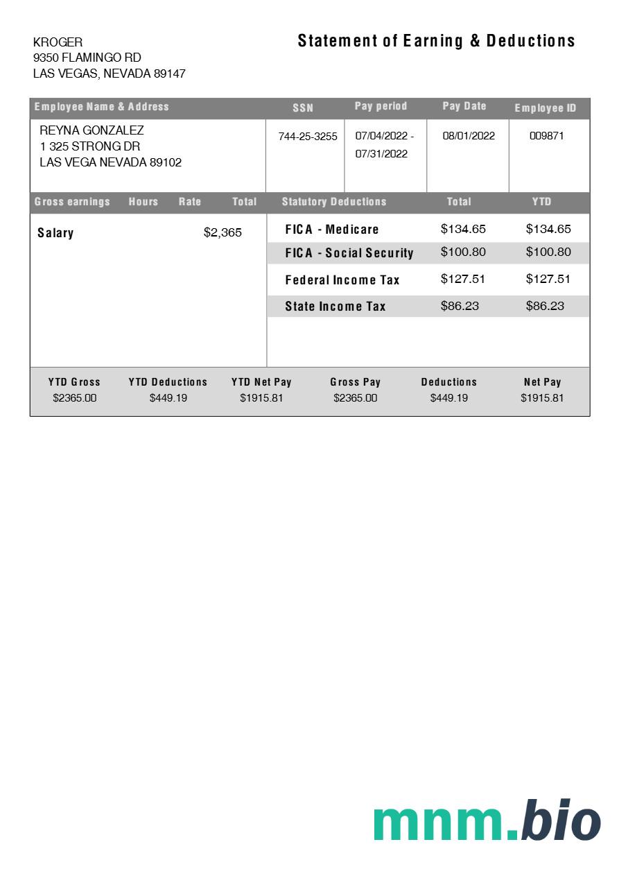 KROGER statement of earning & deductions template w formatach Word i PDF